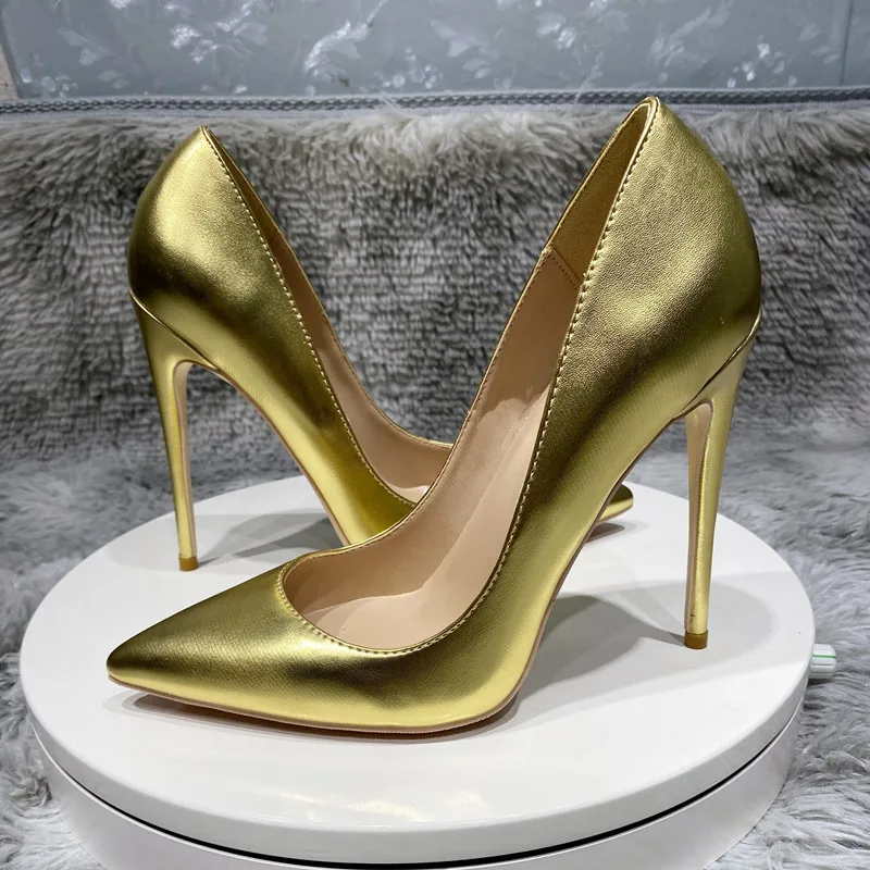 Tikicup Shiny Gold Matte Women PointyToe High Heel Wedding Party Shoes Sparkly Ladies Slip On Stiletto Pumps Large Size 33-45