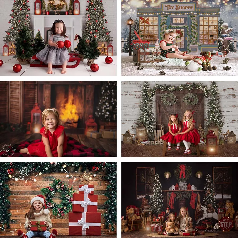 Mehofond Merry Christmas Photography Background Christmas Tree Gift Fireplace Retro Wall Photophone Backdrop Photo Studio