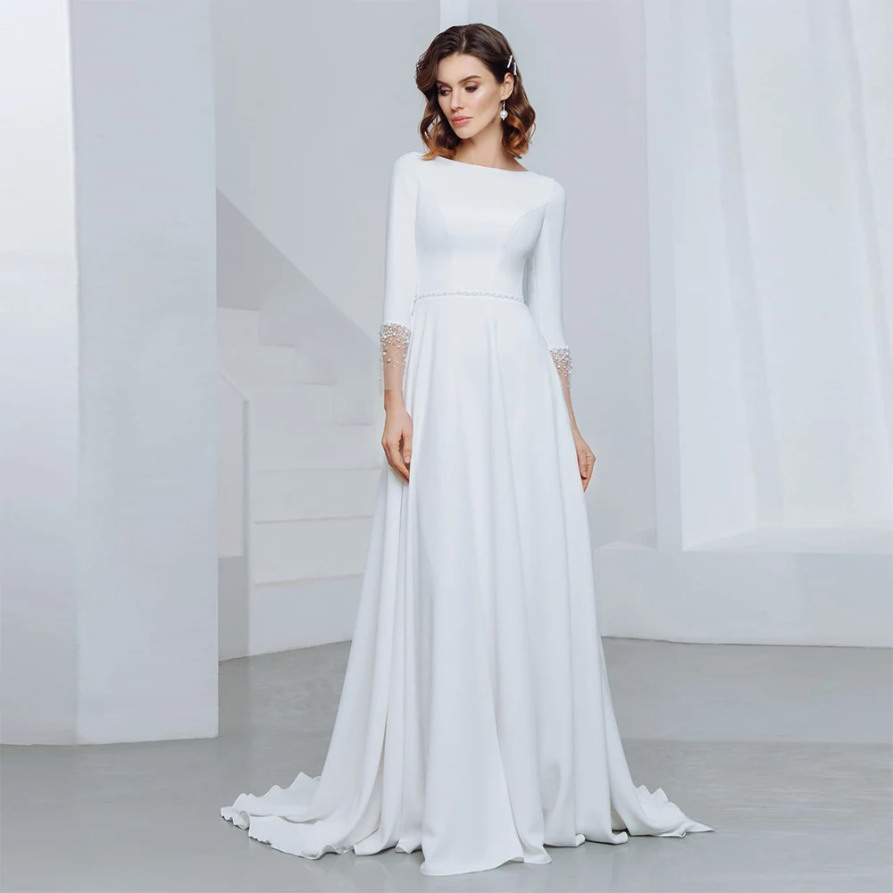 

Aviana Simple A-Line Satin Wedding Dress For Women Elegant Boat Neck Beading Back Three Quarter Sleeve Floor Length Bridal Gowns