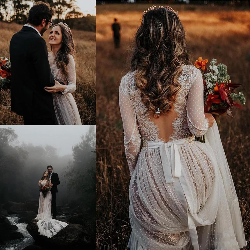 2019 abiti da sposa bohémien con manica lunga Sexy scollo a V in pizzo Sweep Train Beach Boho Country abiti da sposa robe de mariee