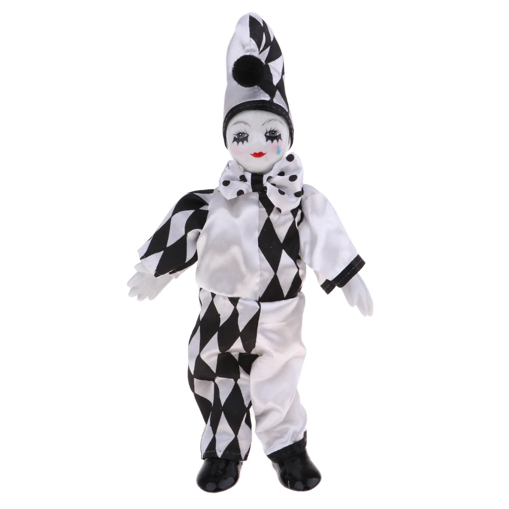 25cm 10inch Funny Porcelain Standing Clown Man Doll in Black & White Costume Home Decor