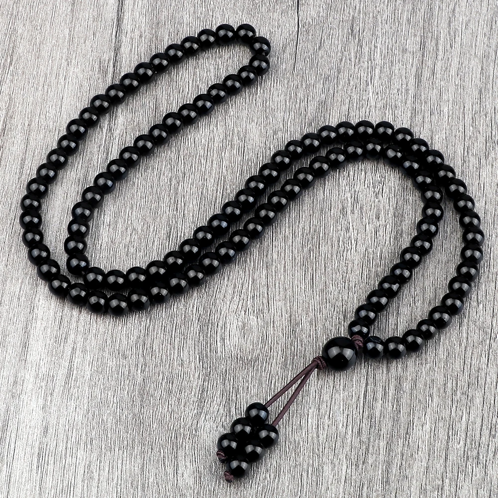 Shiny Black Natural Stone Beaded Necklace Obsidian Matte Onyx 108 Mala Beads Wrap Bracelet Meditation Yoga Jewelry for Women Men