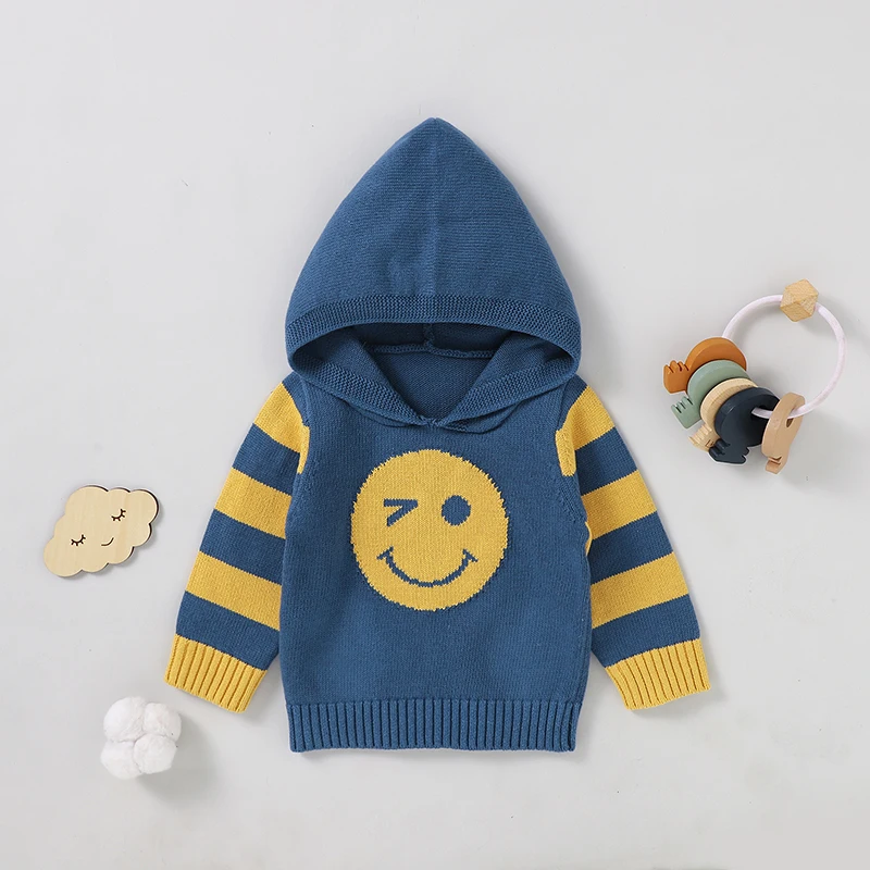 Baby Sweaters Fashion Hooded Newborn Girls Boys Tops 100%Cotton Knitted Toddler Infant Clothing Cute Smiley Pullover Long Sleeve