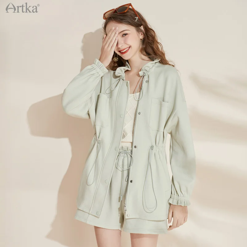 ARTKA 2021 Autumn New Women Suits Fashion Casual Ruffle Sweatshirt Coat 2 Piece Set Loose Elastic High Waist Shorts VA20013Q