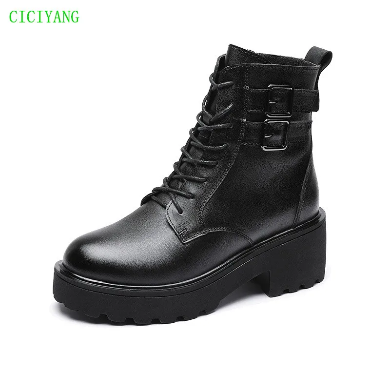 

CICIYANG Genuine Leather Marton Boots Women 2024 Spring New Platform Motorcycle Boots High Heels Short Boots Female Ankle Boots