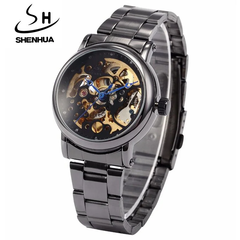 New SHENHUA Skeleton Watch Women Fashion Steampunk Black Automatic Mechanical Women Watches Casual Ladies Watch relogio feminino