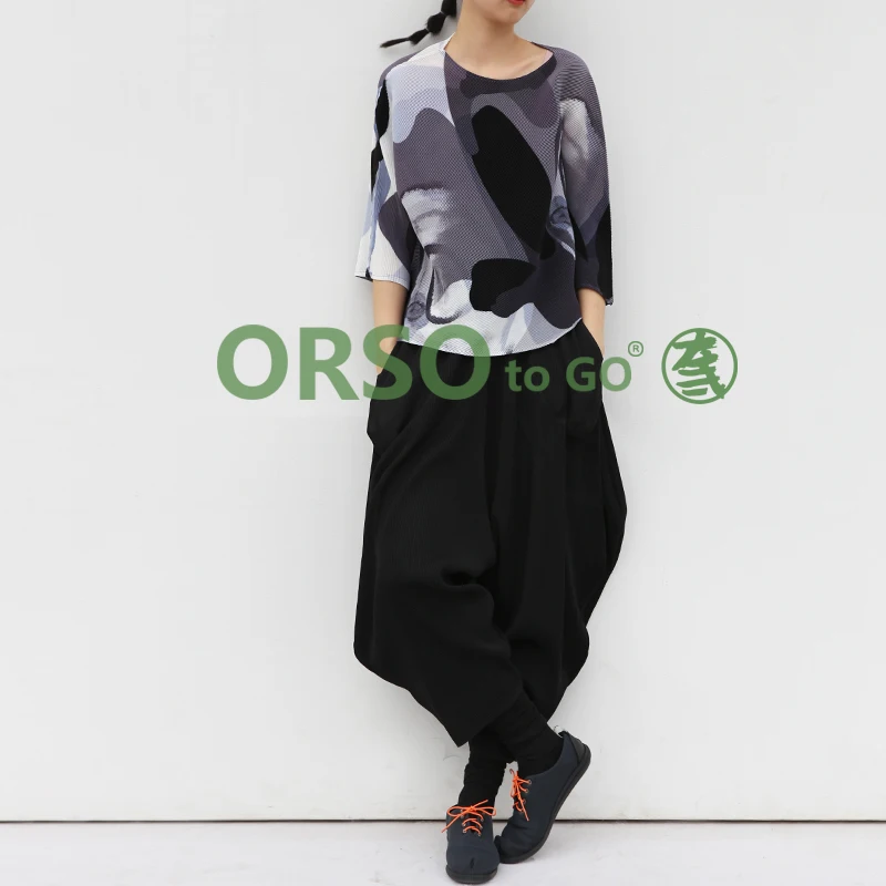 

HOT SELLING Miyake pleats fashion print o-neck batwing sleeve T-shirt IN STOCK
