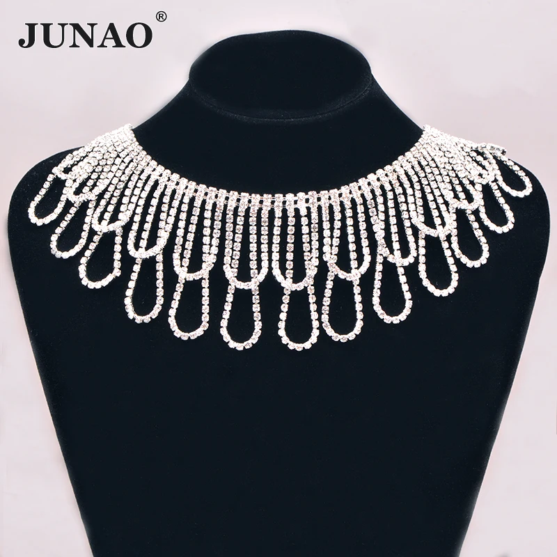 JUNAO 45cm/lot Glitter Clear Glass Crystal Rhinestones Triming Chain Crystal Fringe Tassel Metal Strass Ribbon for Decoration