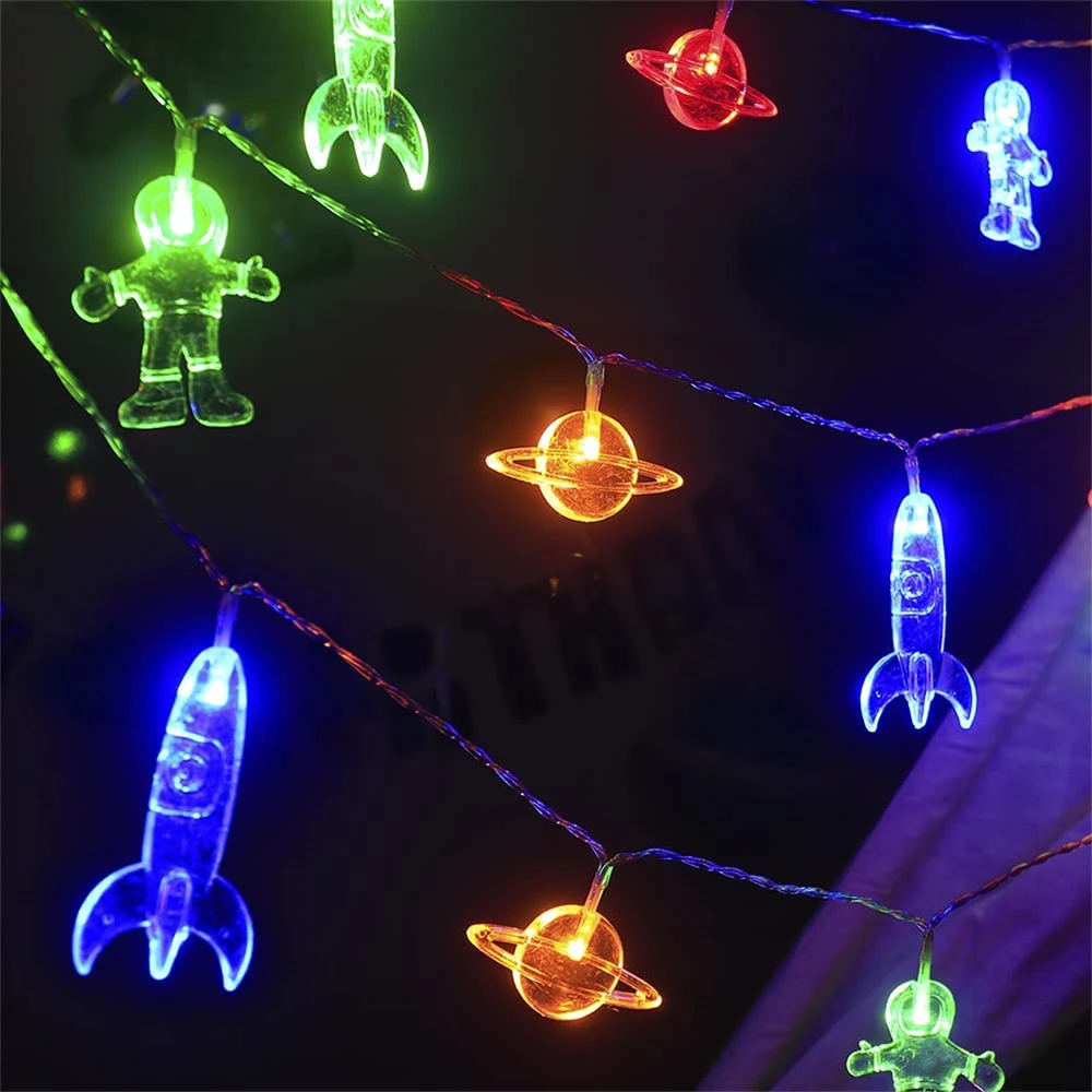 1.5m 3m 6m Astronaut Rocket Planet Light String Battery Powered LED Galaxy String Light for Child Birthday Christmas Party Decor