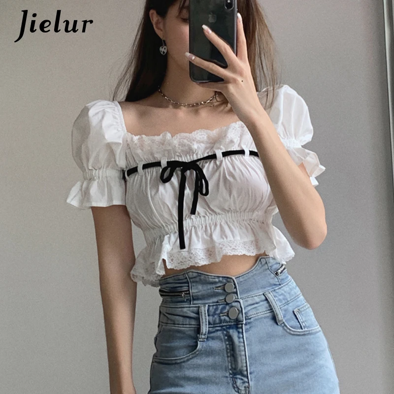 Jielur-camisas de manga farol con cuello cuadrado para mujer, blusa informal con lazo blanco, Top corto ajustado de manga corta, S-XL para mujer 2021