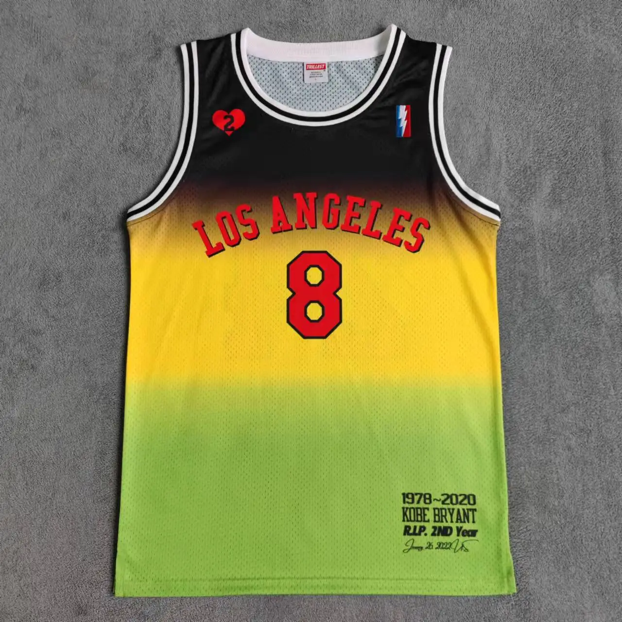 TRILLEST Black Yellow Green Printed Los Angeles R.I.P. Bryant Front 8 Back 24 with Love Heart Number 2 Basketball Jersey