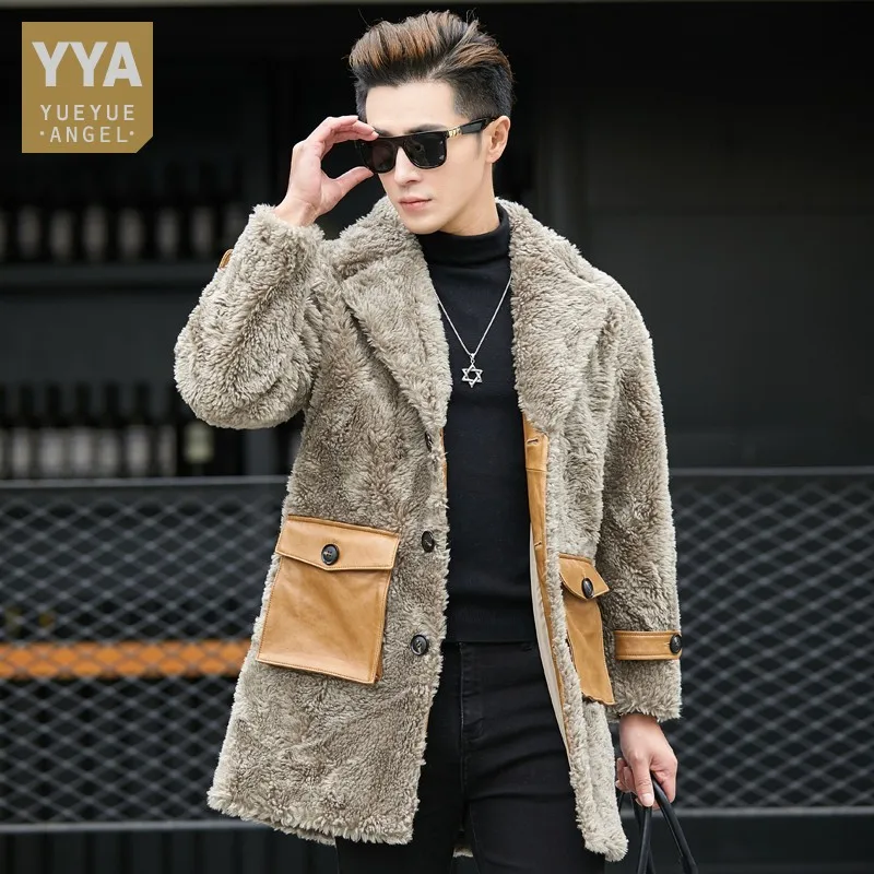 

New Fashion Mens Sheep Shearing Coat Leather Pockets Business Man Mid Long Lamb Fur Overcoat Single Breasted Real Wool Jacket