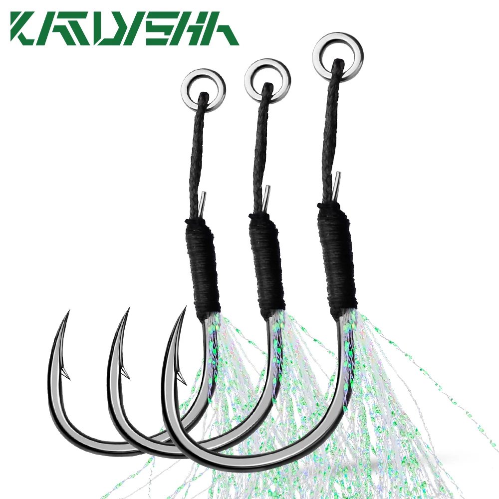 

KATYUSHA 100Pcs Metal Jig UV Light Assist Hooks 11-19# Jigging Spoon Fishhooks With PE Line Feather Solid Ring Fishing Hooks