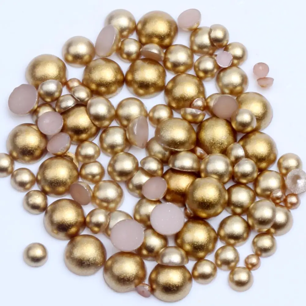 Matte Gold Half Round Pearls 2mm-12mm Round Flatback Glue On Resin Beads DIY Jewelry Making Nails Art Decorations