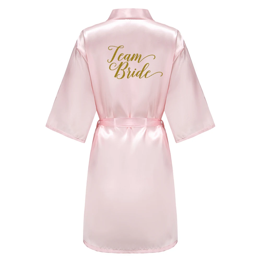 Wedding Party Bridesmaid Maid of Honor Robe With Gold Writing Letter Women Lady Pink Satin Bathrobe Kimono S-4XL