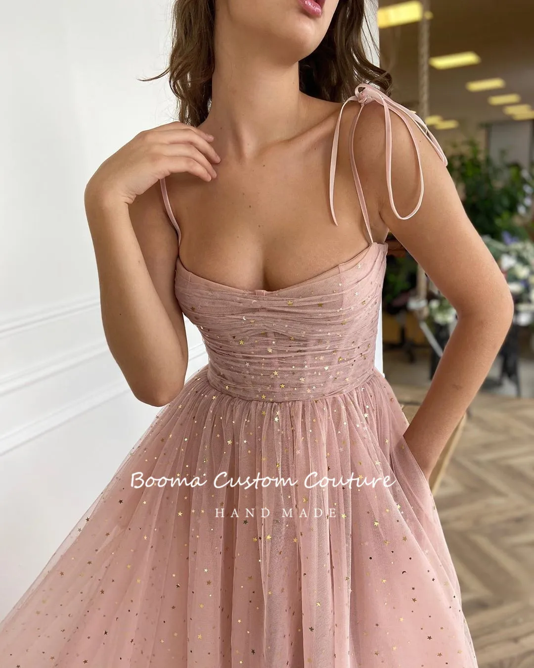 Sparkly Blush Prom Dresses 2023 Spaghettibandjes Plisse Tulle Korte Avondjurken Strapless A-lijn Formele Gowns Met Zakken