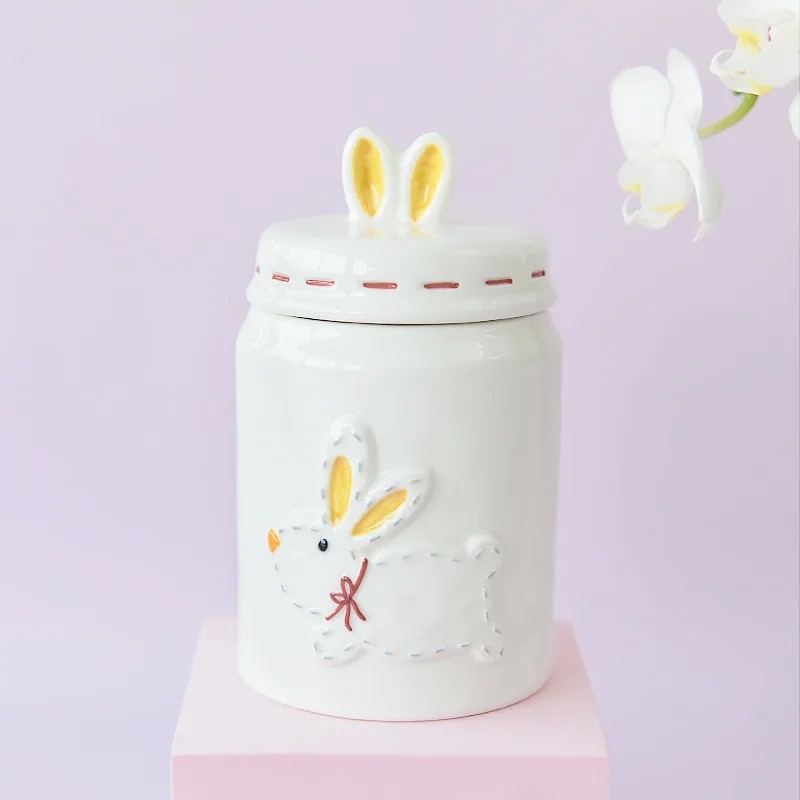 Cute rabbit sealed cans small capacity creative snack biscuits tea storage jar craft ornaments decoration.