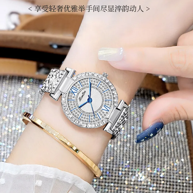 Montre-bracelet en cristal de luxe pour femmes, montres à quartz en diamant, montre-bracelet en acier pour dames, mode féminine, nouveau, 2024