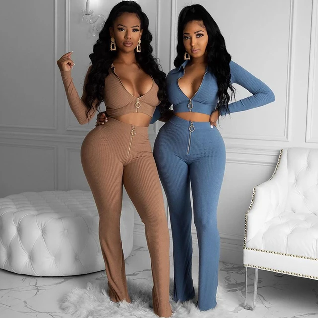 Ribbed Knit Solid Elegant Zip Up Co ord Sets Women Clothes Winter Long Sleeve Bodycon Crop Top And Flare Pants 2 Piece Outfits Pant Sets AliExpress
