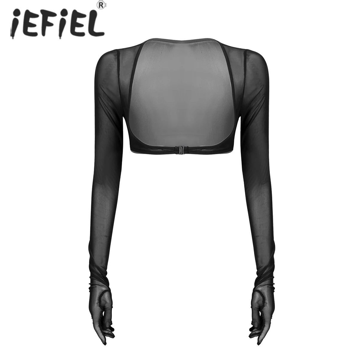 Women See-through Open Chest Gloves Tops Long Sleeve Open Front Buckle Mesh Crop Tops Ladies Leotard T-Shirts Tees for Nightclub