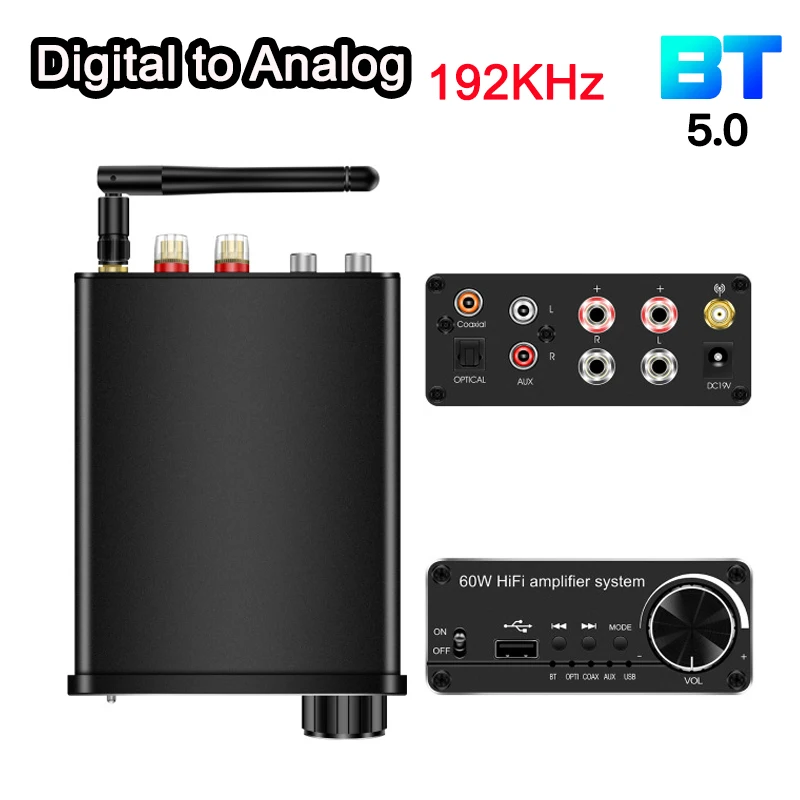 

Digital to Analog Audio Converter 60W HIFI amplifier system 192KHz Coaxial 19V USB Audio interface Adapter Amplifier BT Receiver