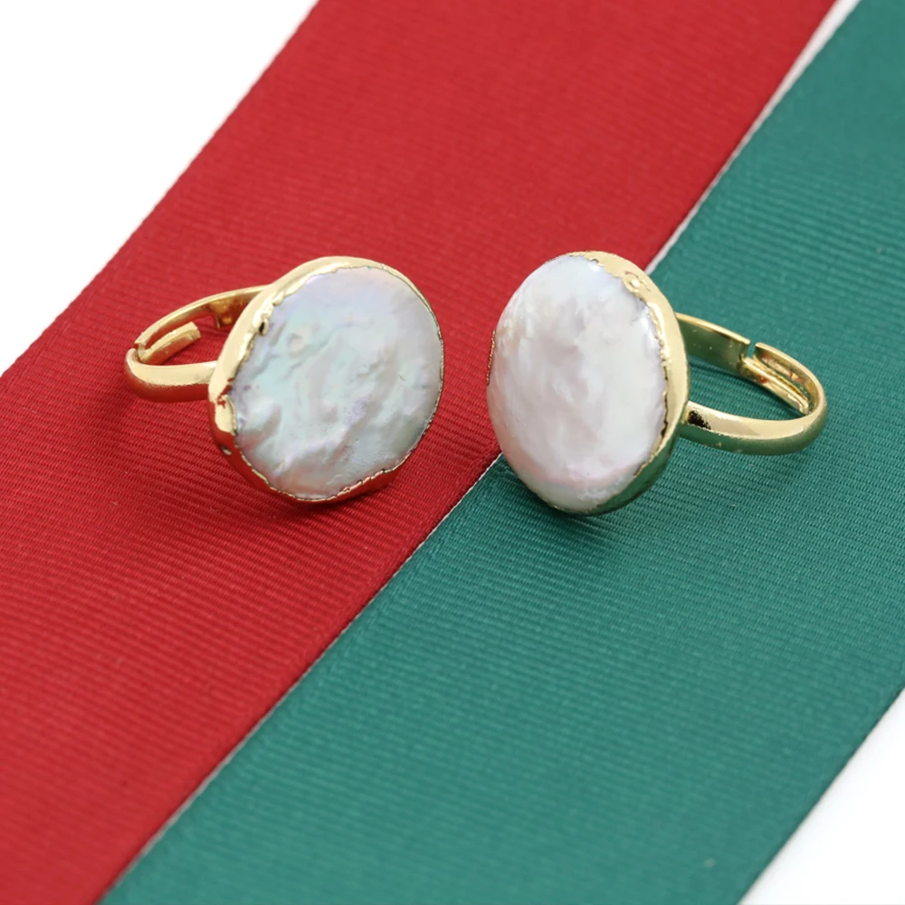 Anillo de oro con cuentas de concha de perla de madre plana grande, color blanco roto Natural, envoltura de oro, anillos abiertos redimensionables, brazalete para mujer, regalo de boda