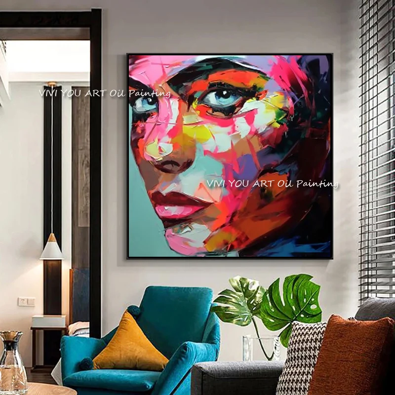 100% handmade figure woman face oil painting on canvas abstract colorful portrait of female face photo for home decoration