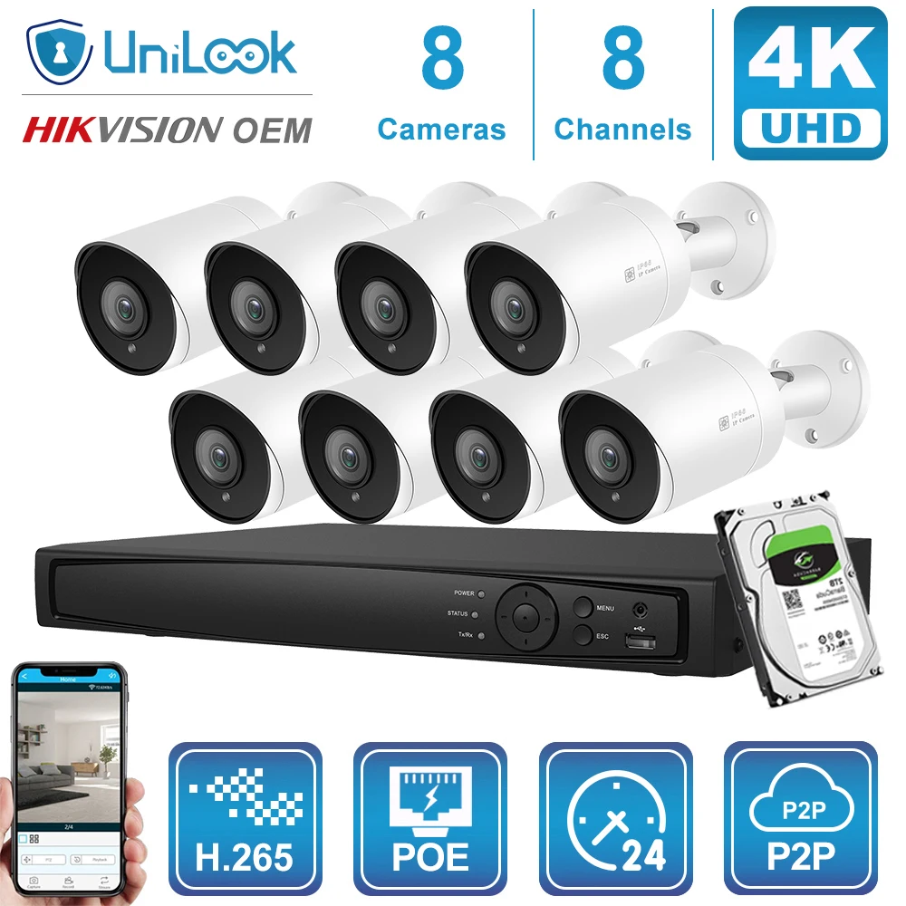 UniLook-Kit de caméra IP POE Bullet, 8 canaux, 4/6/8 pièces, 8MP 4K, NVR, système de sécurité extérieur, vision nocturne, H. disparates, vue P2P