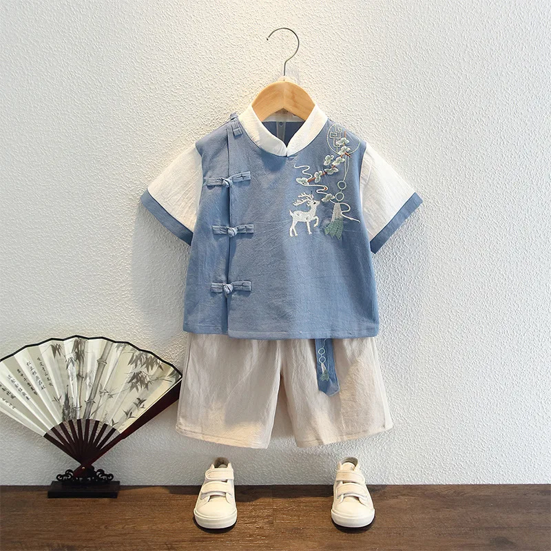 

Summer New Baby Boy Clothes Chinese Style Retro Set Short-Sleeved Top + Shorts Antiquity Costume 2-Piece Children'S Tang Suit