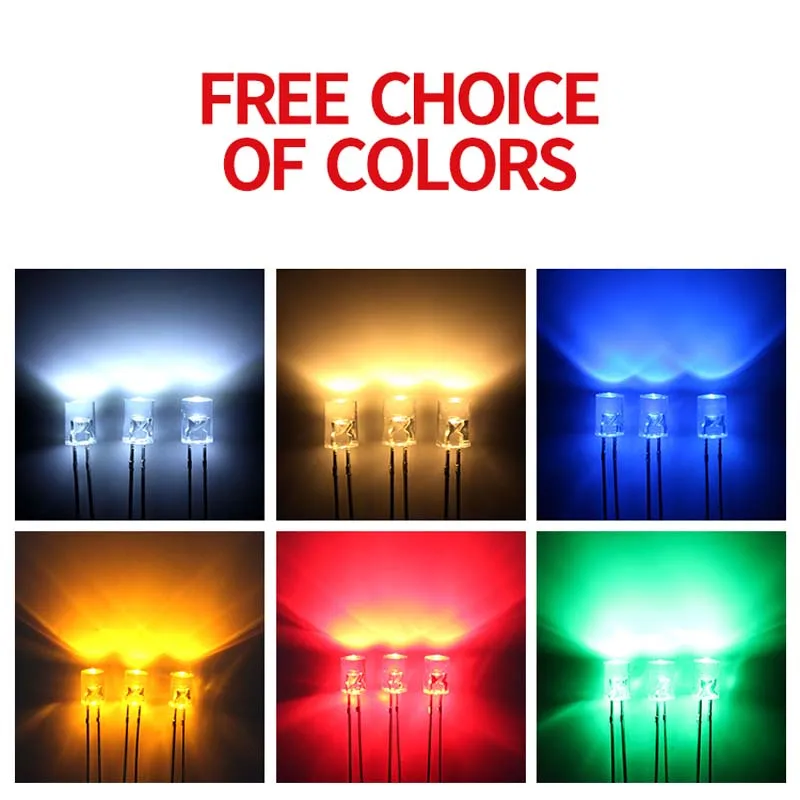 1000PCS 5mm Flat Top Transparent Long Leg White Warm Red Blue Green Yellow Light-Emitting Diode LED