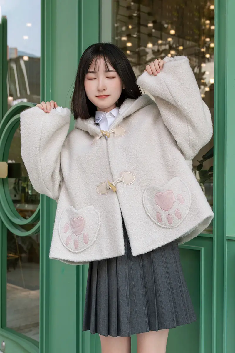 Cappotto corto in lana con orecchie di coniglio dolce lolita coreano stile Harajuku colletto alla peter pan stile preppy morbido ragazza principessa top giapponese