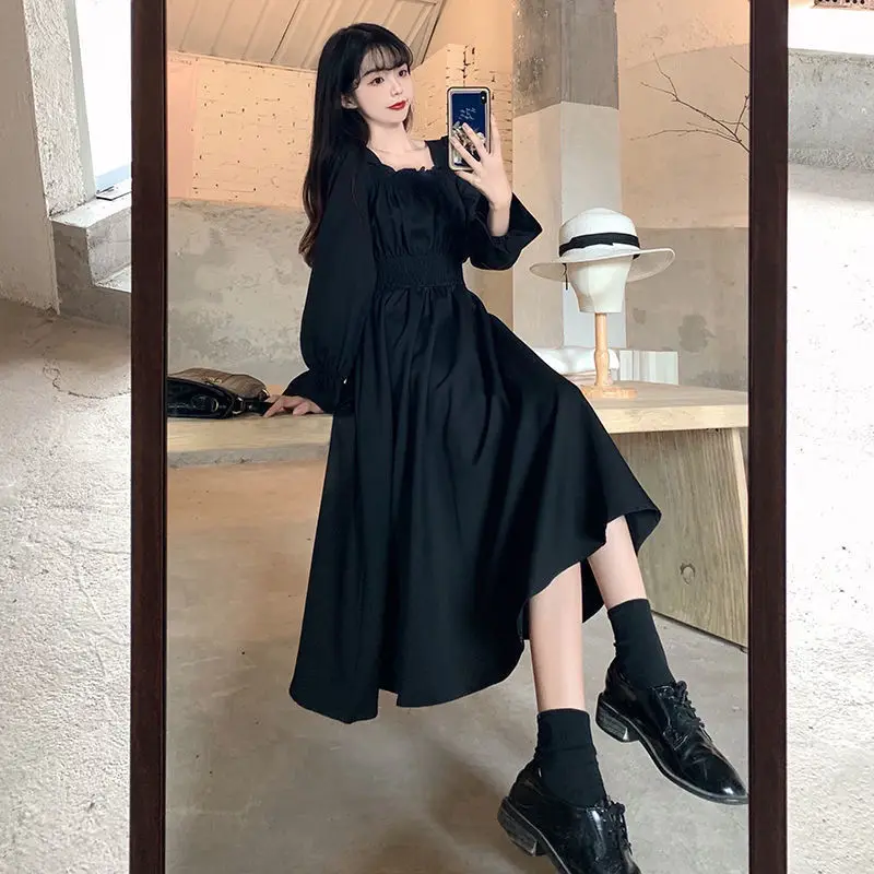 HOUZHOU Black Elegant Dress Women Vintage Long Sleeve Spring Autumn Dresses Square Collar Oversize Loose Casual Robe Streetwear