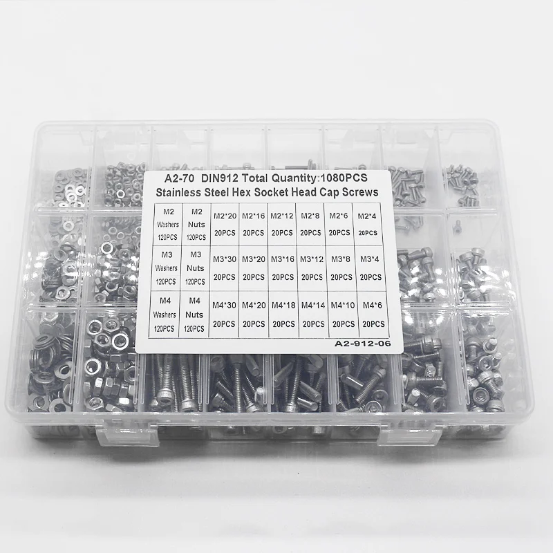 Bolt and Nuts Hex Hexagon Socket Screw Set M3-M4 Stainless Steel Round Flat Cap Head Screw Kit Allen Bolt Set