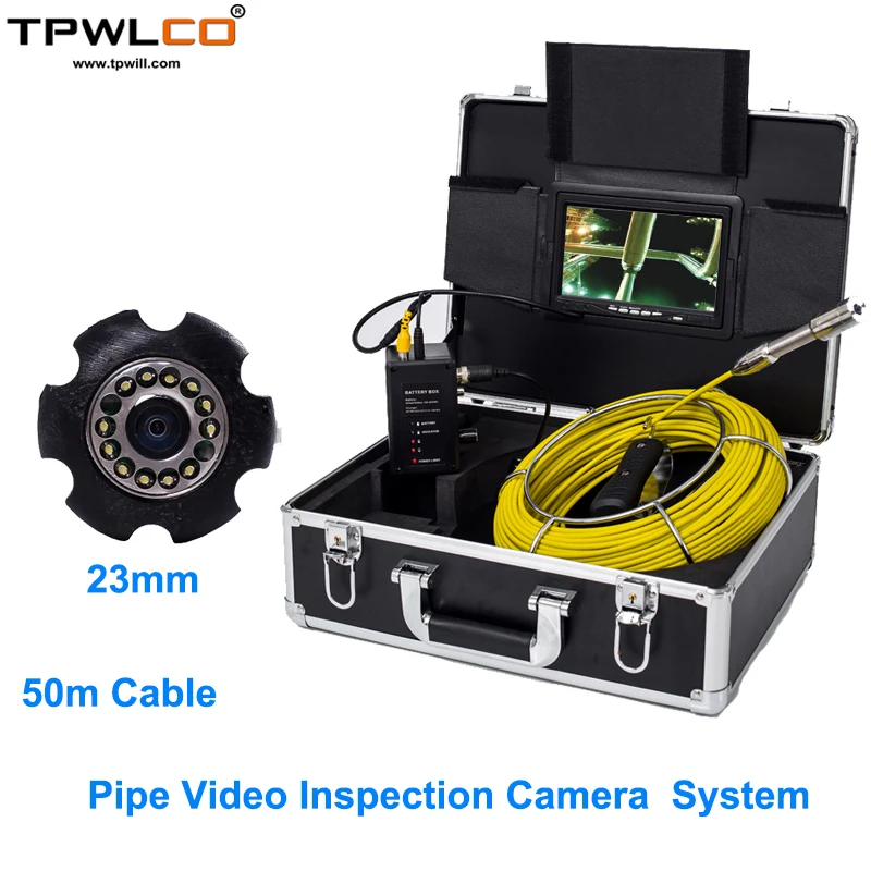 

23mm Camera Head 7inch Screen Pipeline Industrial Inspection Detector System 50m Cable With 12 Adjustable Highlight LED Lights