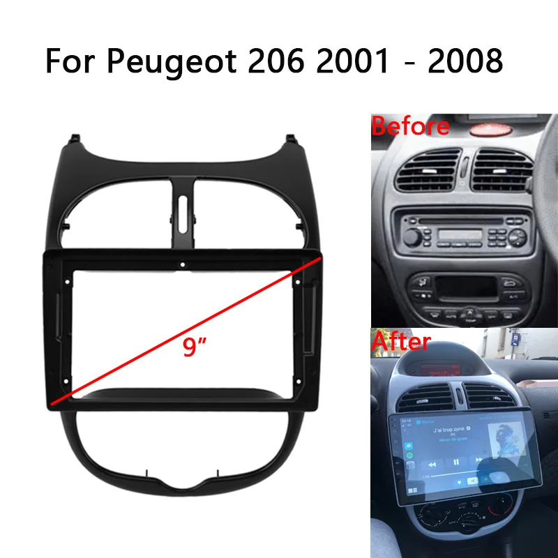 9 Inch Car Radio Fascia For Peugeot 206 1998-2008 Video Panel Player Audio Dash 2 Din Frame Dashboard Mount Kit Bezel Trim Mount