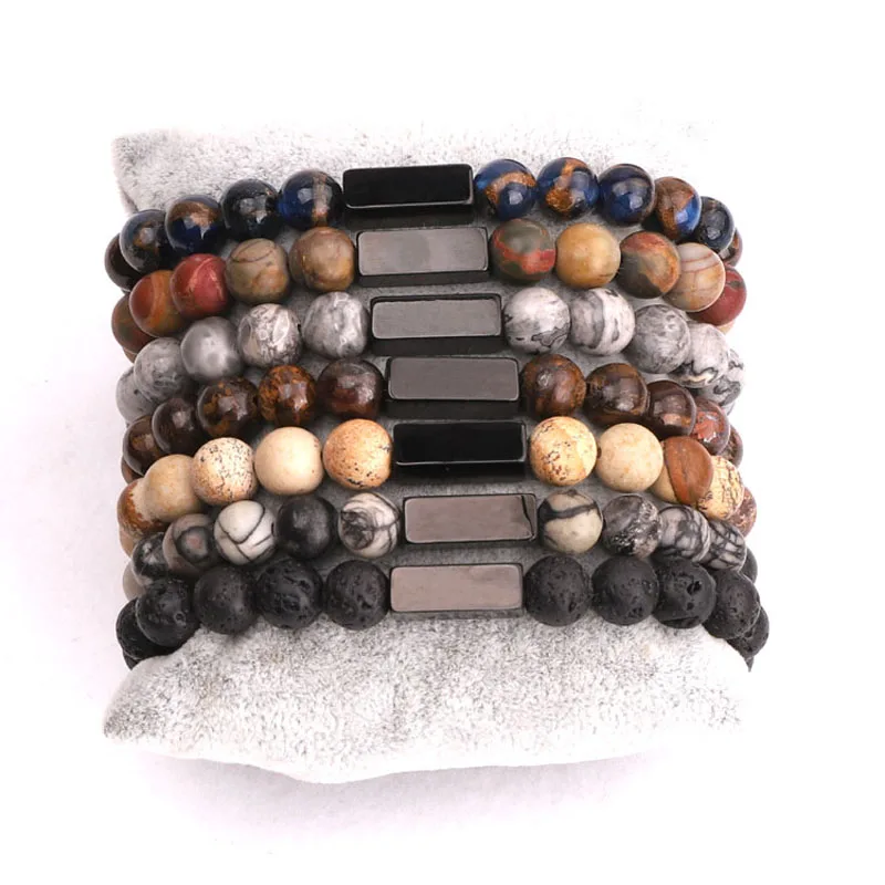 

Men Jewelry Natural Stone Custom Text Laser Stainless Steel Charm Male Beaded Elastic Bracelet Women