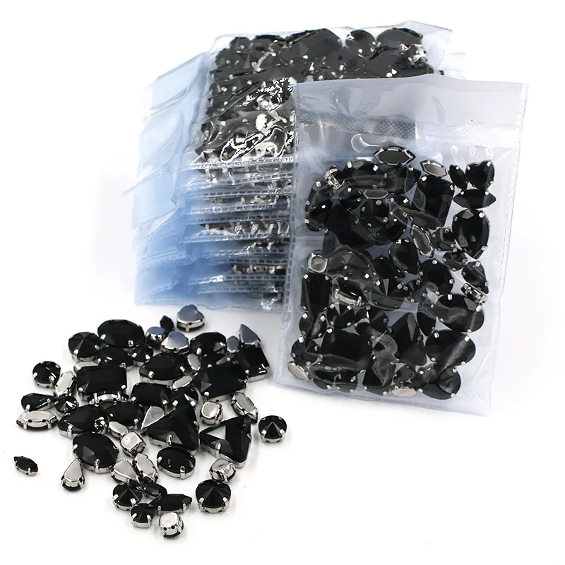 Hot Sale  Wholesale 5 bags mixed shape silver base sew on glass crystal Black rhinestones for clothing/wedding dress