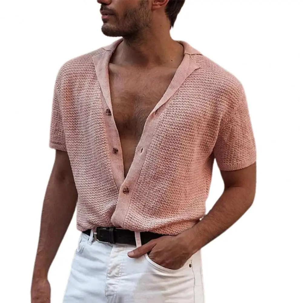 Hot！！！Men T-shirt Solid Color Knitted Summer Top For Men Streetwear 2022 Casual Shirts Lapel Buttons Cardigan for Dating