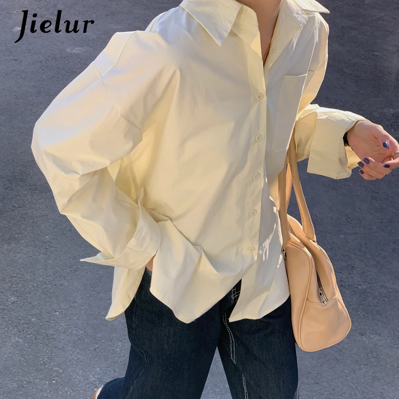 Jielur Fashion Tops Women's Shirt Chic Turn-down Collar Shirt Long Sleeve Yellow White Pink Blue Blouse Hipster Korean Spring