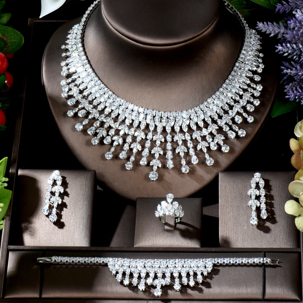 HIBRIDE Fashion White AAA CZ Zirconia Leaf Earring Necklace Set for Women Bridal Weddings Jewelry Set bijoux femme ensembl N-480