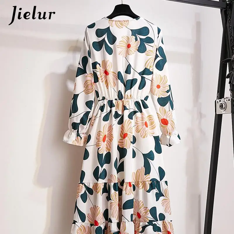 Jielur Eleganten Druck Kleid Frauen Herbst Vintage Casual S-XL Größe V Neck Blume Midi Kleid Koreanische Japan Lose Lange Hülse kleider