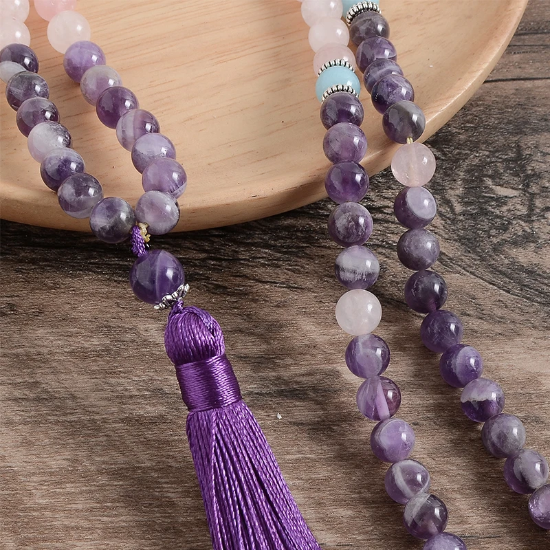 Set di perline di quarzo rosa ametista naturale da 8MM 108 Japa Mala Yoga meditazione spirito collana con ciondolo con nappa di gioielli sonici