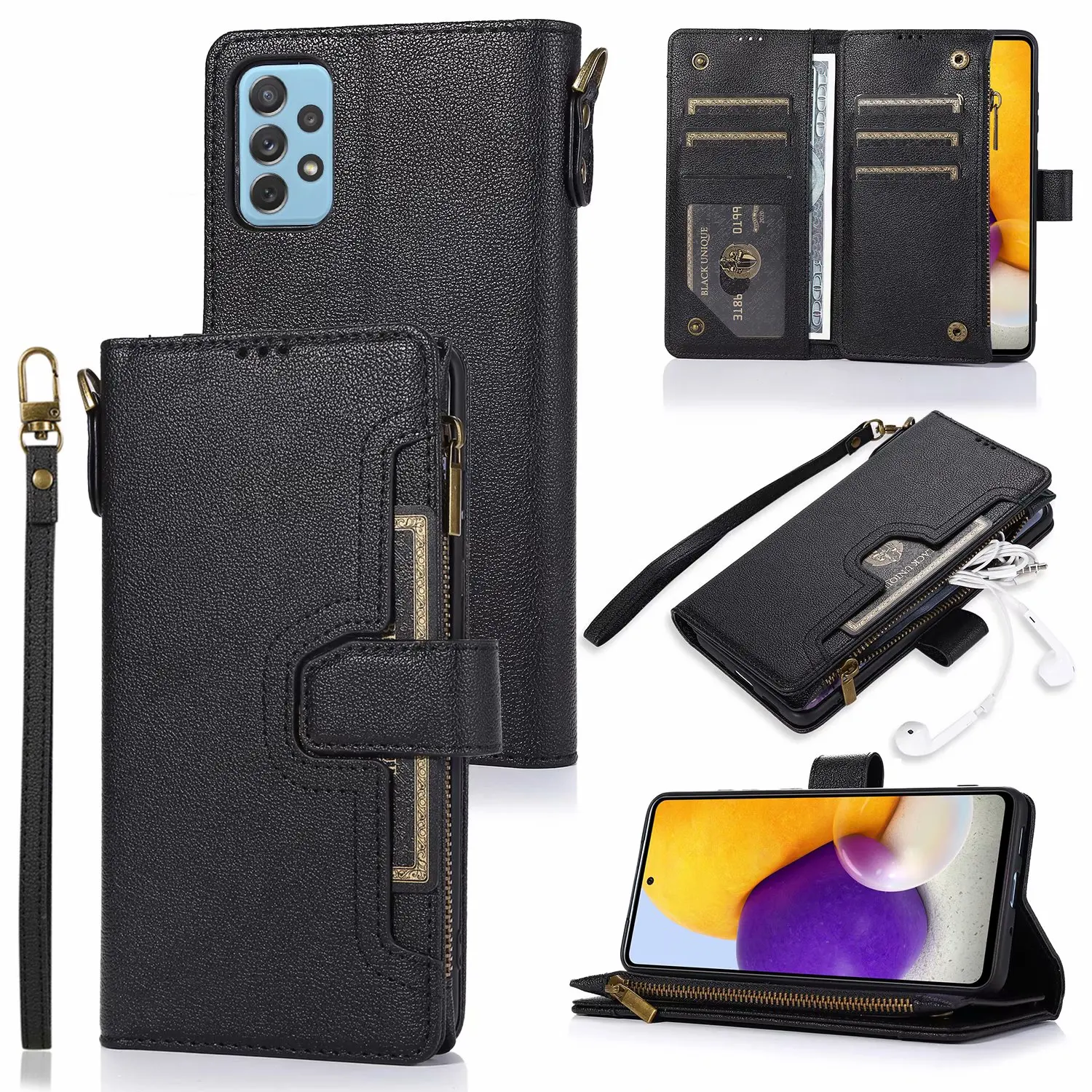 

10pcs Zipper Multifunctional Card Holder Magnetic Clasp Wallet Leather Case For Samsung A52 A72 S21 S20 FE A71 A50 Ultra Plus 5G