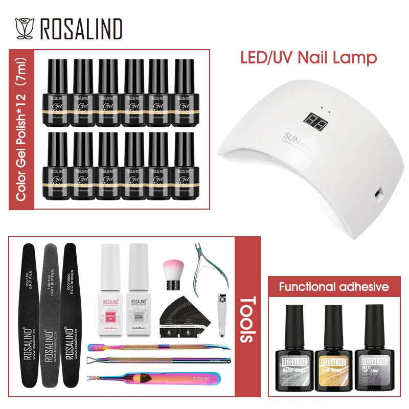 ROSALIND Manicure Set 12/20/24pcs Gel Nail Polish Set With UV LED 24W/48W Lamp Dryer Vernis Semi Permanent Nails Art Tool Kit