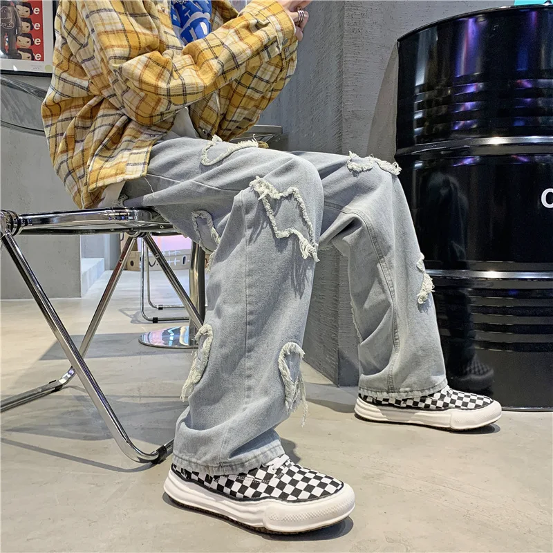 ICCLEK Hip-hop Jeans Men's Fall Loose Straight-leg Pants High Street Trousers Punk Pants  Men Jeans  Men Jeans Pants