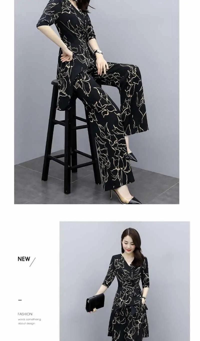 Damen-Freizeitanzug, Sommer, neues zweiteiliges Set, 2025, modisch, weites Bein, lange Hose, halbe Ärmel, Oberteil, koreanischer Stil, bedruckt, Büro-Outfits – Detail 4