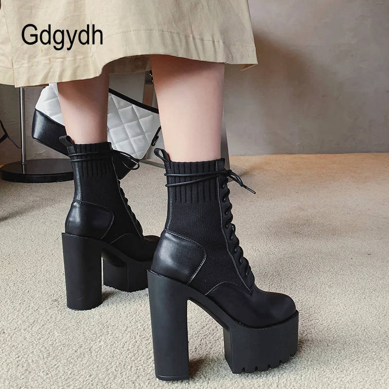 Gdgydh New Fetish Platform Boots Woman Sexy Chunky Heel Front Lace Up Sock Boots Women Ankle Boots Thick Heel Shoe Black Design