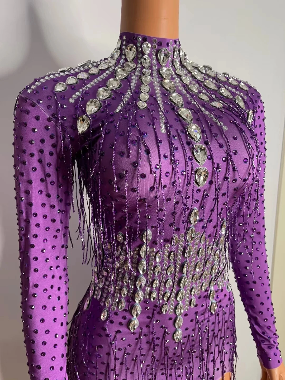 Purple Rhinestones Tassel Wrap Mini Dress for Women Birthday Party Celebration Crystal Outfit Bar Stage Latin Dance Costume