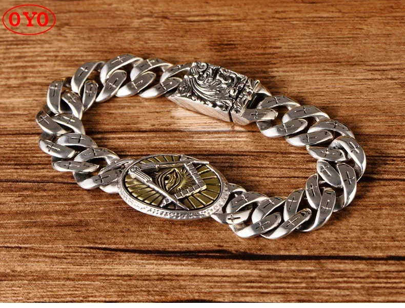 

S925 Sterling Silver Jewelry Eye of God Cross Men's Phoenix Pattern 13mmBracelet New