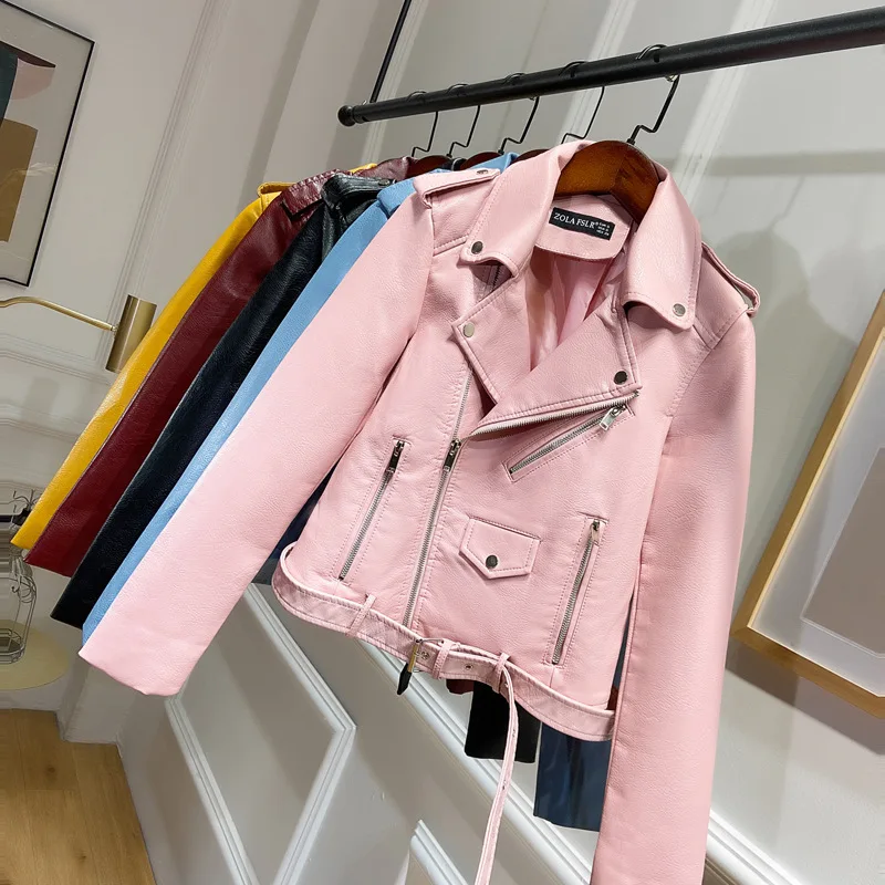 Motorcycle Biker Jackets Soft PU Short Leather Coat with Belt Women Faux Leather Jacket Black Yellow Pink